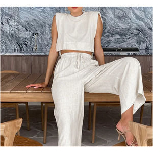 Commense Utility Linen Two Piece Set Wide Leg Pull On Pants Crop Top Neutral